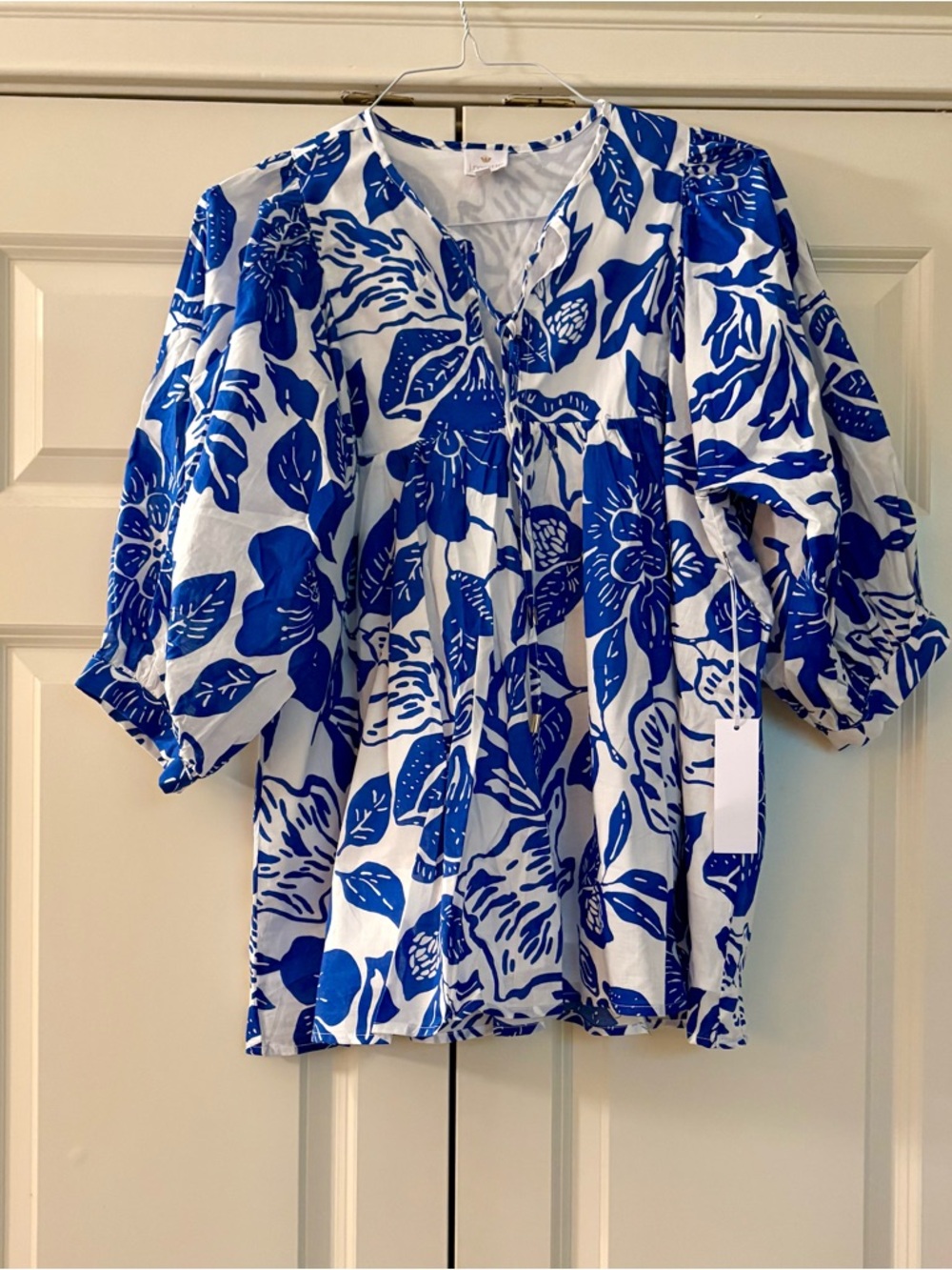 Blue Floral Puff-Sleeve Women's Blouse